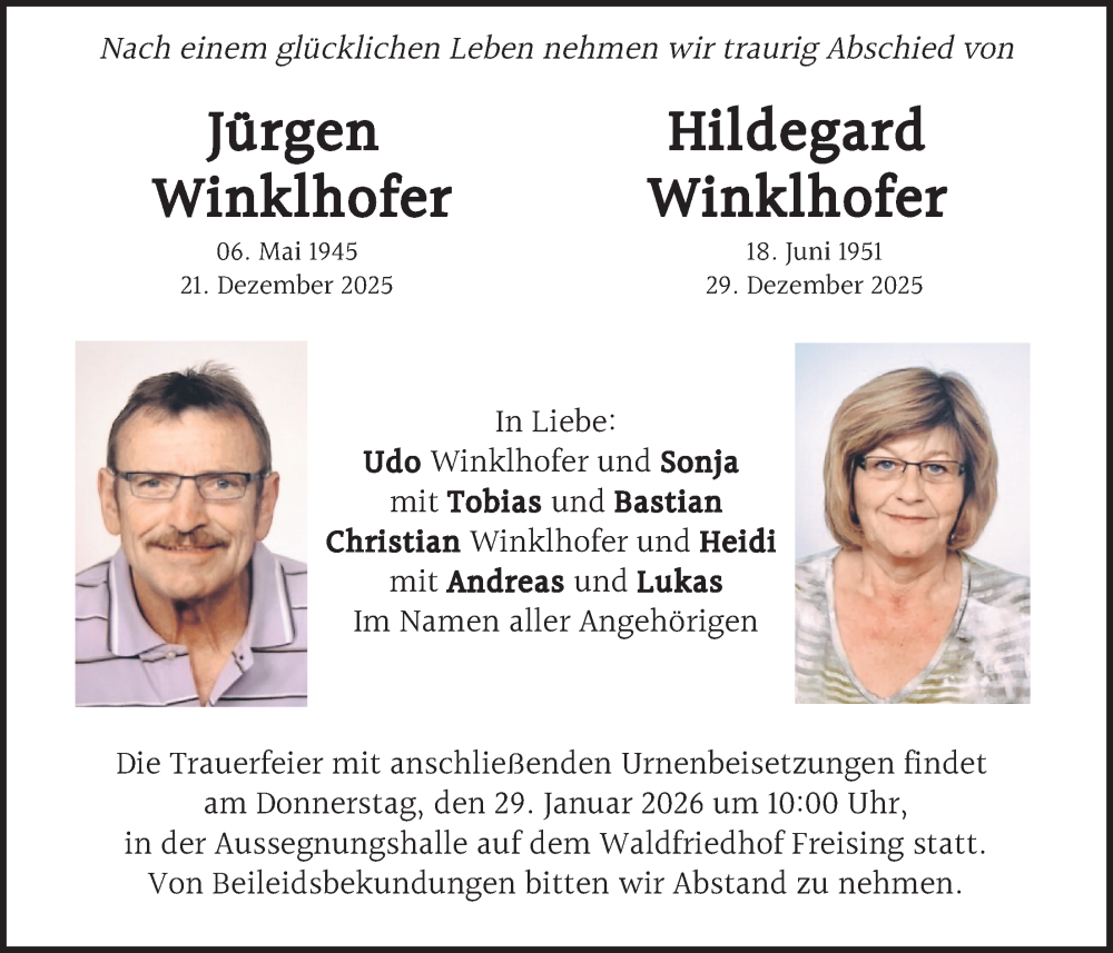  Traueranzeige für Jürgen und Hildegard Winklhofer vom 24.01.2026 aus merkurtz