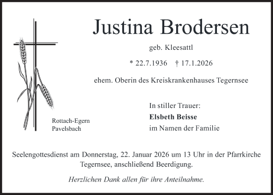 Traueranzeige von Justina Brodersen von merkurtz
