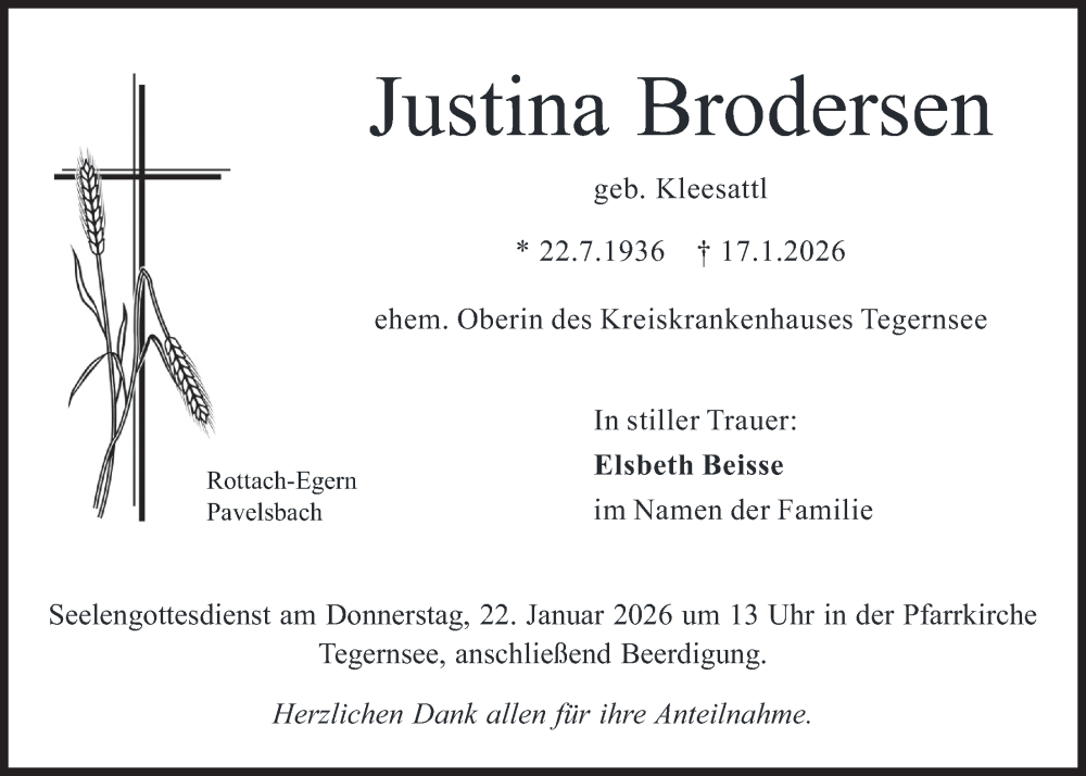  Traueranzeige für Justina Brodersen vom 20.01.2026 aus merkurtz