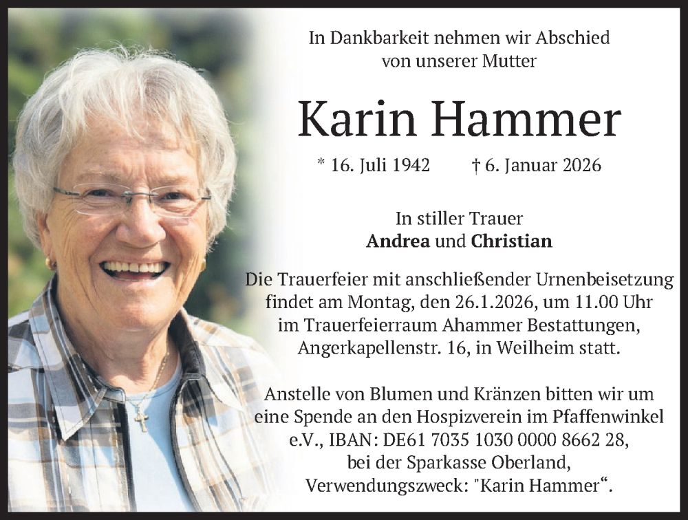  Traueranzeige für Karin Hammer vom 17.01.2026 aus merkurtz