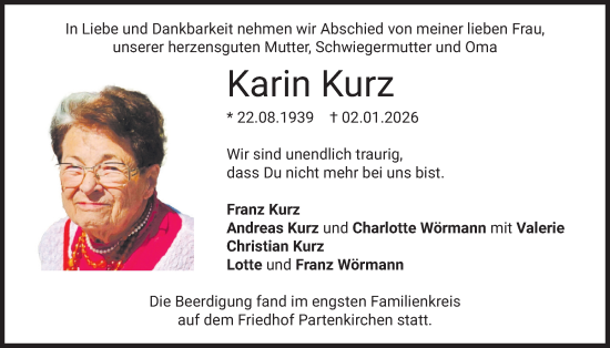 Traueranzeige von Karin Kurz von merkurtz