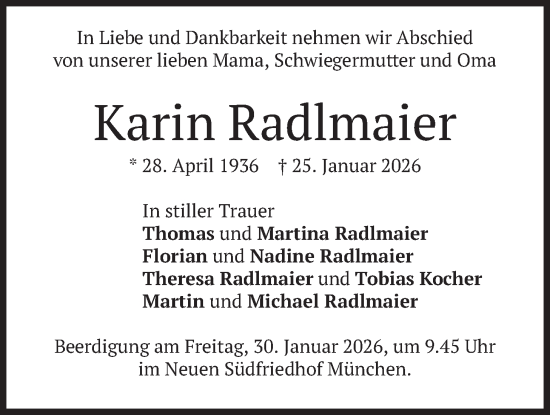 Traueranzeige von Karin Radlmaier von merkurtz