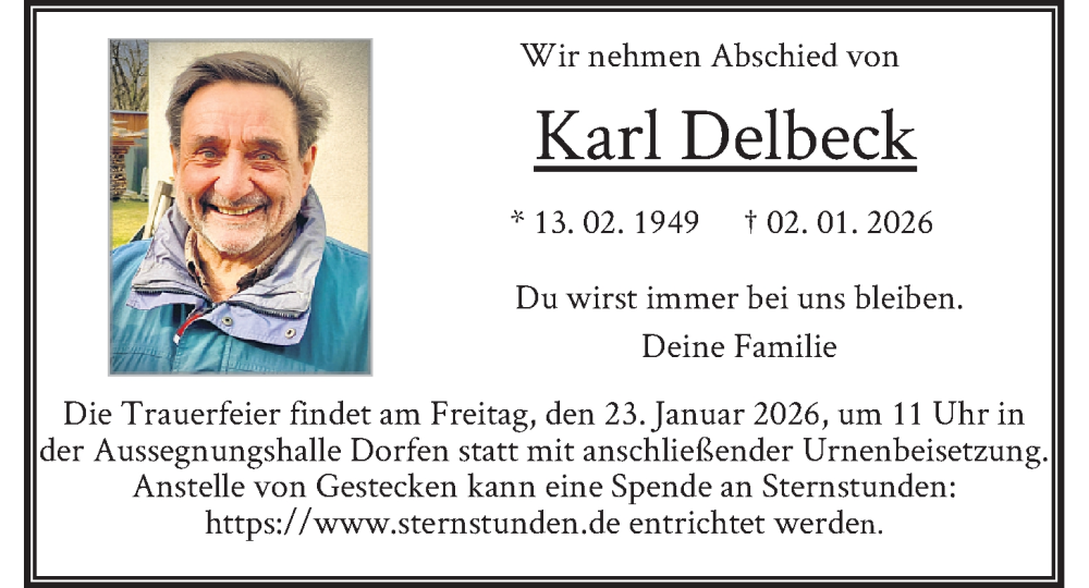  Traueranzeige für Karl Delbeck vom 21.01.2026 aus merkurtz