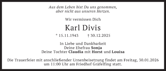 Traueranzeige von Karl Divis von merkurtz