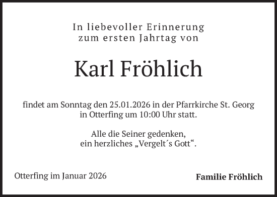 Traueranzeige von Karl Fröhlich von merkurtz