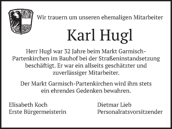 Traueranzeige von Karl Hugl von merkurtz
