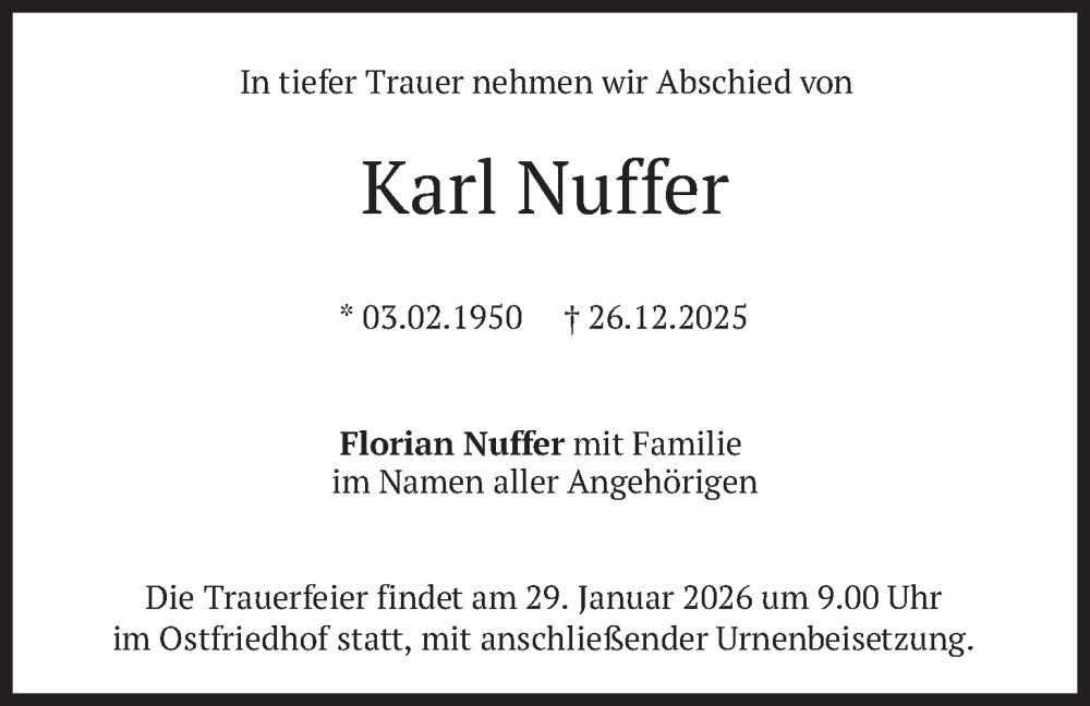  Traueranzeige für Karl Nuffer vom 24.01.2026 aus merkurtz