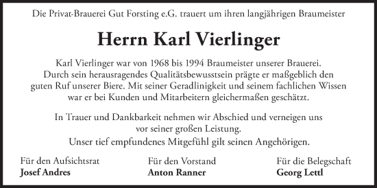 Traueranzeige von Karl Vierlinger von merkurtz