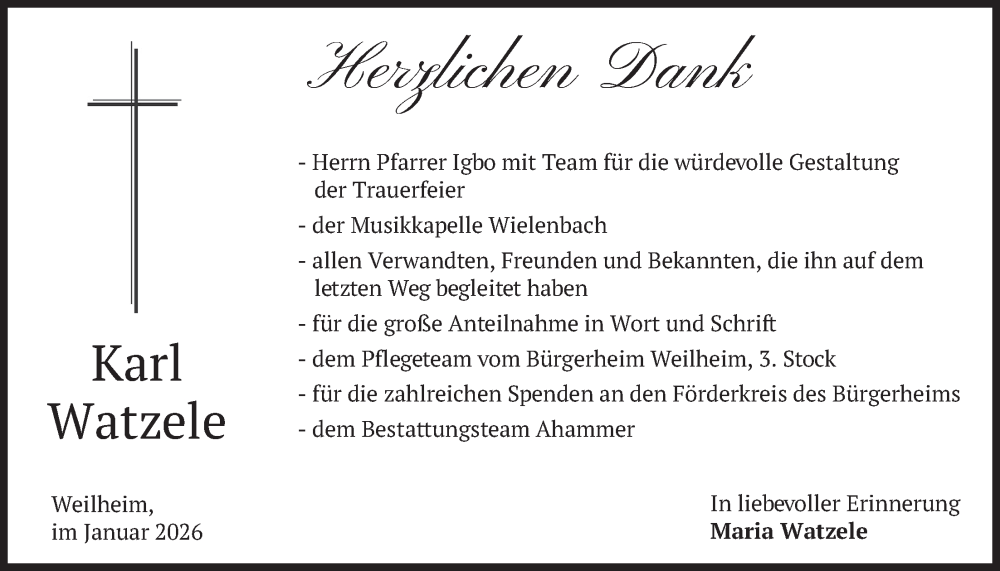  Traueranzeige für Karl Watzele vom 31.01.2026 aus merkurtz