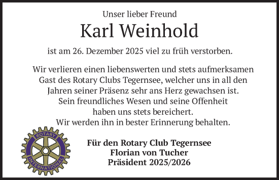 Traueranzeige von Karl Weinhold von merkurtz