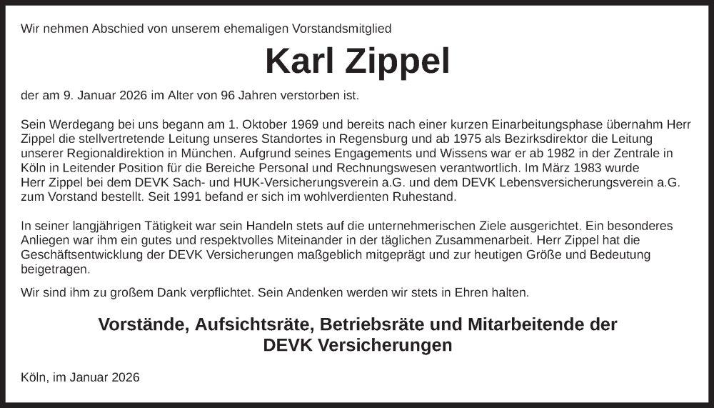  Traueranzeige für Karl Zippel vom 24.01.2026 aus merkurtz