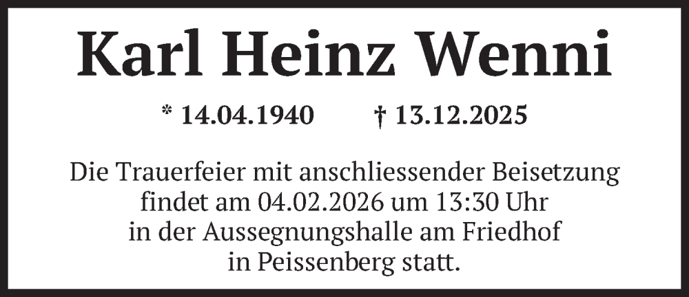  Traueranzeige für Karl Heinz Wenni vom 31.01.2026 aus merkurtz