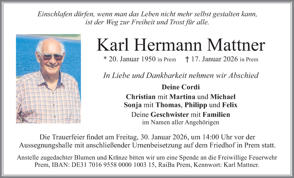  Traueranzeige für Karl Hermann Mattner vom 24.01.2026 aus merkurtz