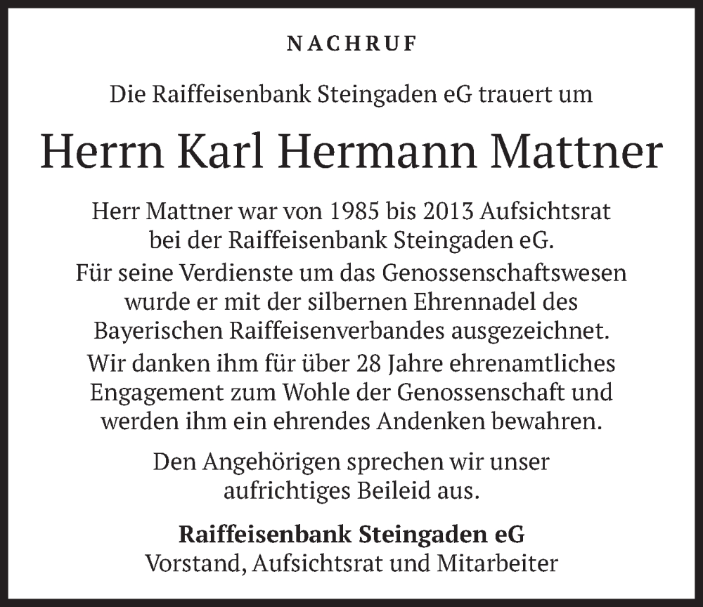  Traueranzeige für Karl Hermann Mattner vom 31.01.2026 aus merkurtz