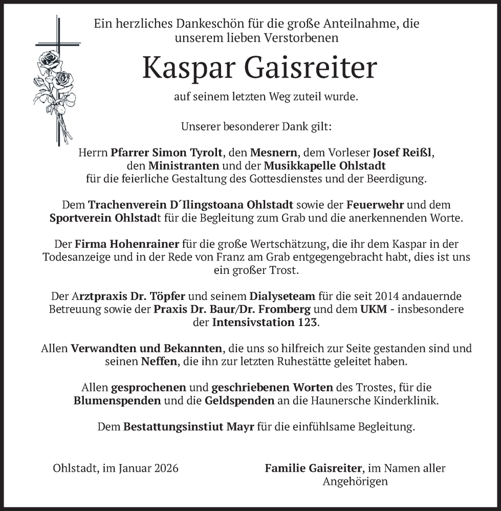  Traueranzeige für Kaspar Gaisreiter vom 10.01.2026 aus merkurtz