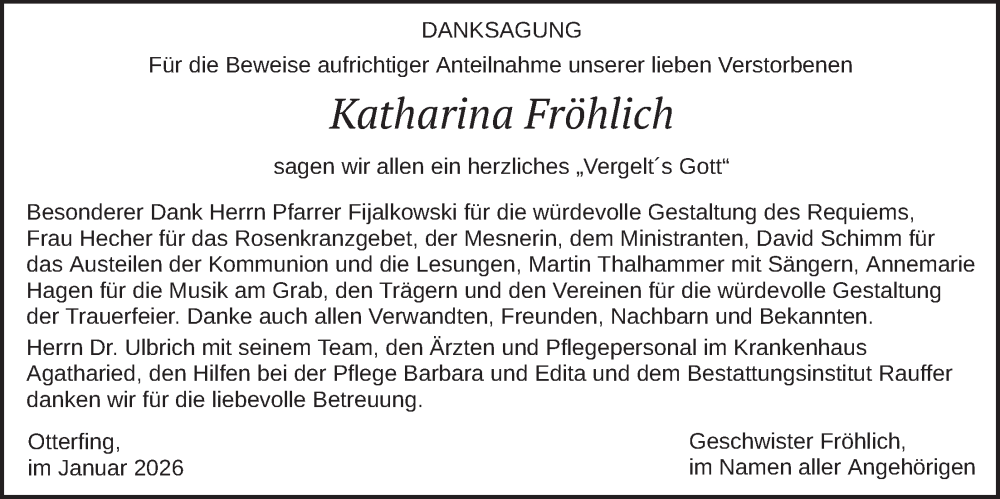  Traueranzeige für Katharina Fröhlich vom 31.01.2026 aus merkurtz
