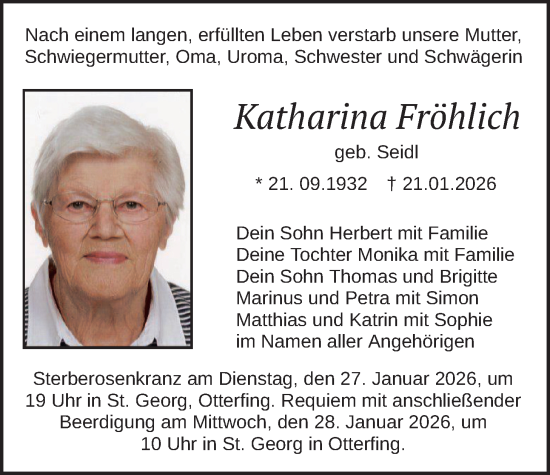 Traueranzeige von Katharina Fröhlich von merkurtz