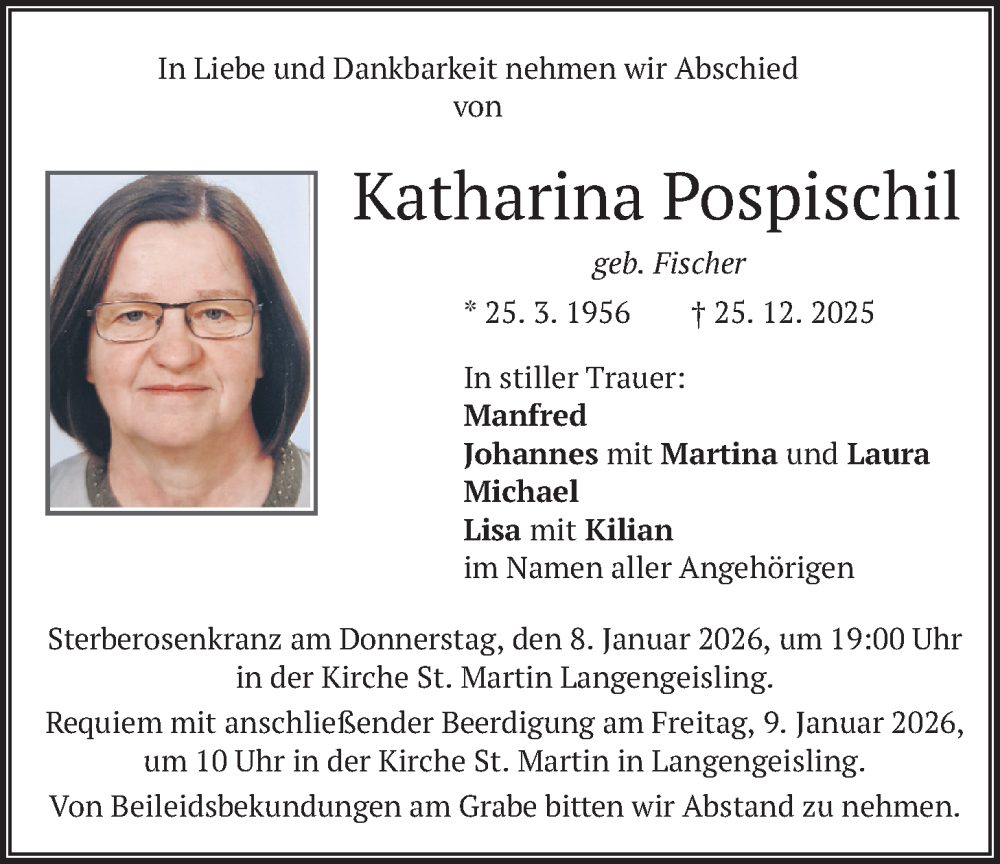  Traueranzeige für Katharina Pospischil vom 03.01.2026 aus merkurtz