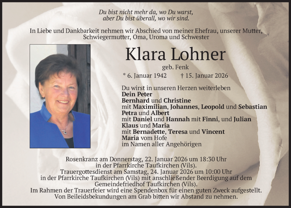  Traueranzeige für Klara Lohner vom 21.01.2026 aus merkurtz