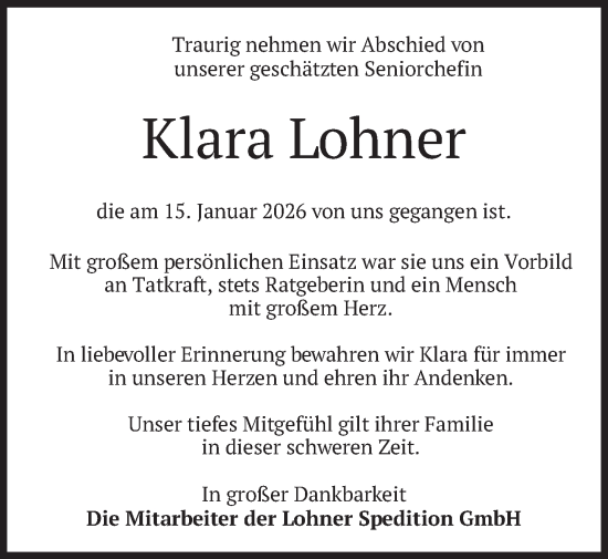 Traueranzeige von Klara Lohner von merkurtz
