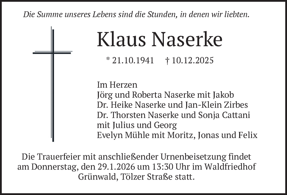  Traueranzeige für Klaus Naserke vom 24.01.2026 aus merkurtz