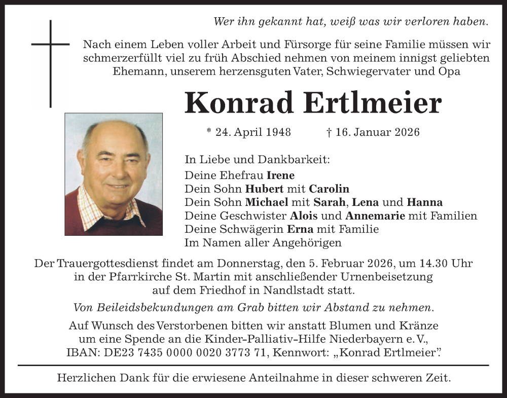  Traueranzeige für Konrad Ertlmeier vom 31.01.2026 aus merkurtz