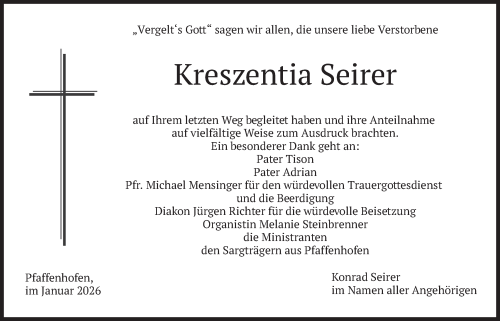  Traueranzeige für Kreszentia Seirer vom 10.01.2026 aus merkurtz