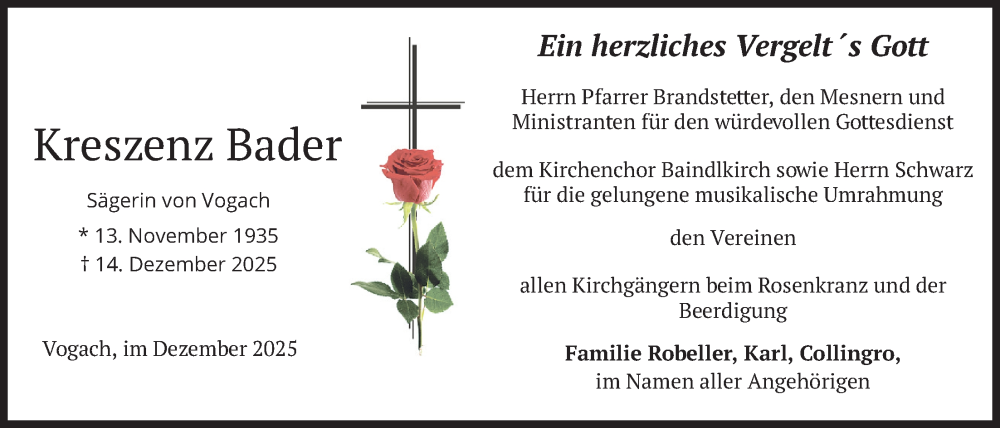  Traueranzeige für Kreszenz Bader vom 07.01.2026 aus merkurtz