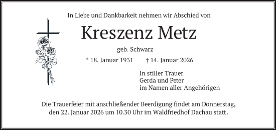 Traueranzeige von Kreszenz Metz von merkurtz