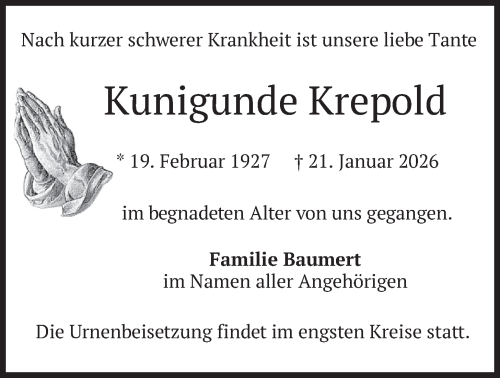  Traueranzeige für Kunigunde Krepold vom 31.01.2026 aus merkurtz