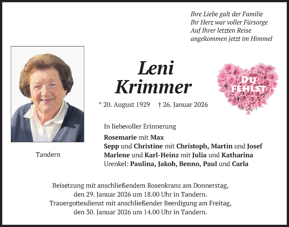  Traueranzeige für Leni Krimmer vom 28.01.2026 aus merkurtz