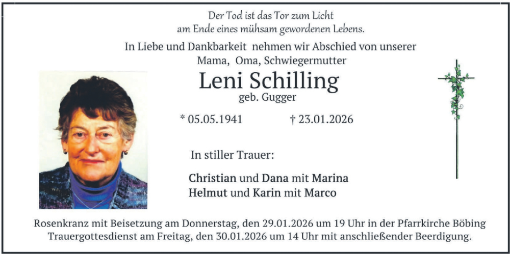  Traueranzeige für Leni Schilling vom 27.01.2026 aus merkurtz