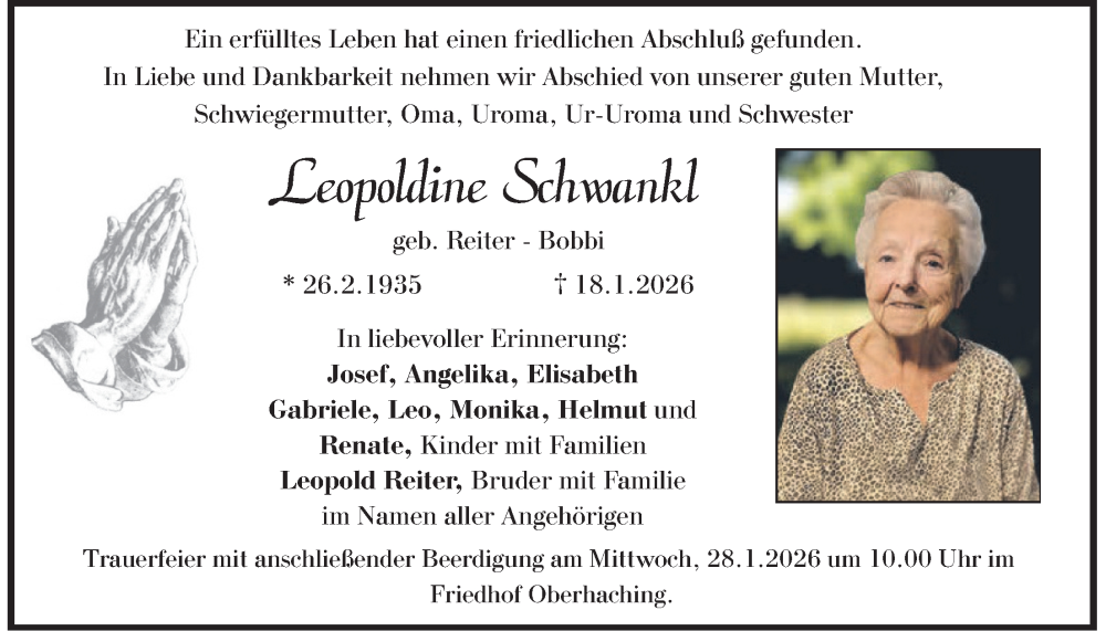  Traueranzeige für Leopoldine Schwankl vom 24.01.2026 aus merkurtz
