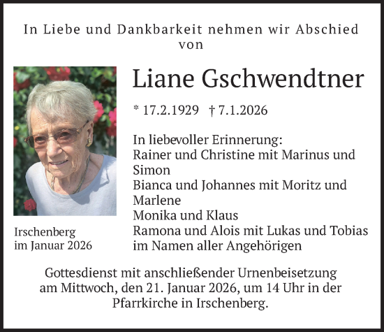 Traueranzeige von Liane Gschwendtner von merkurtz