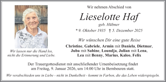 Traueranzeige von Lieselotte Haf von merkurtz