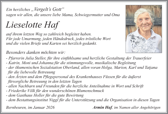 Traueranzeige von Lieselotte Haf von merkurtz