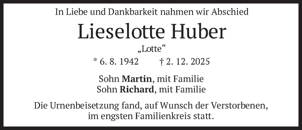  Traueranzeige für Lieselotte Huber vom 17.01.2026 aus merkurtz