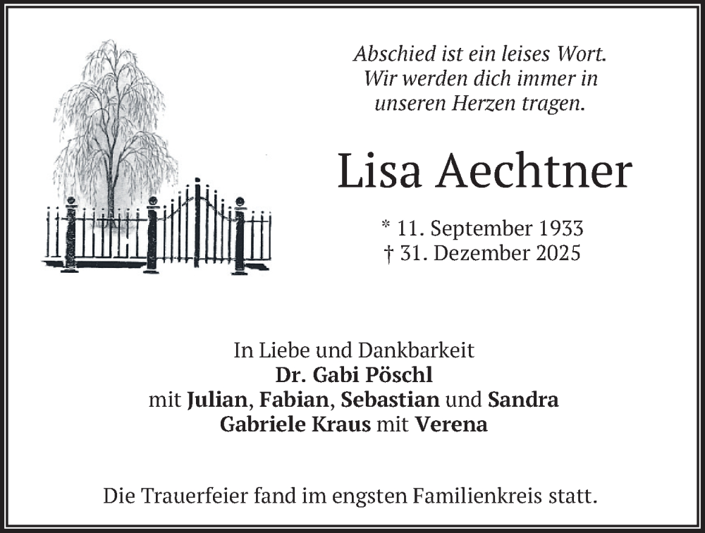  Traueranzeige für Lisa Aechtner vom 10.01.2026 aus merkurtz