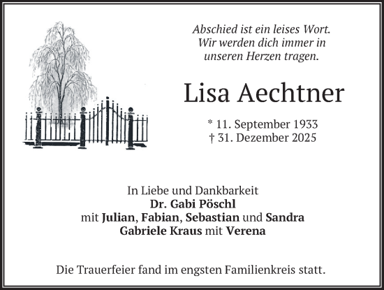 Traueranzeige von Lisa Aechtner von merkurtz