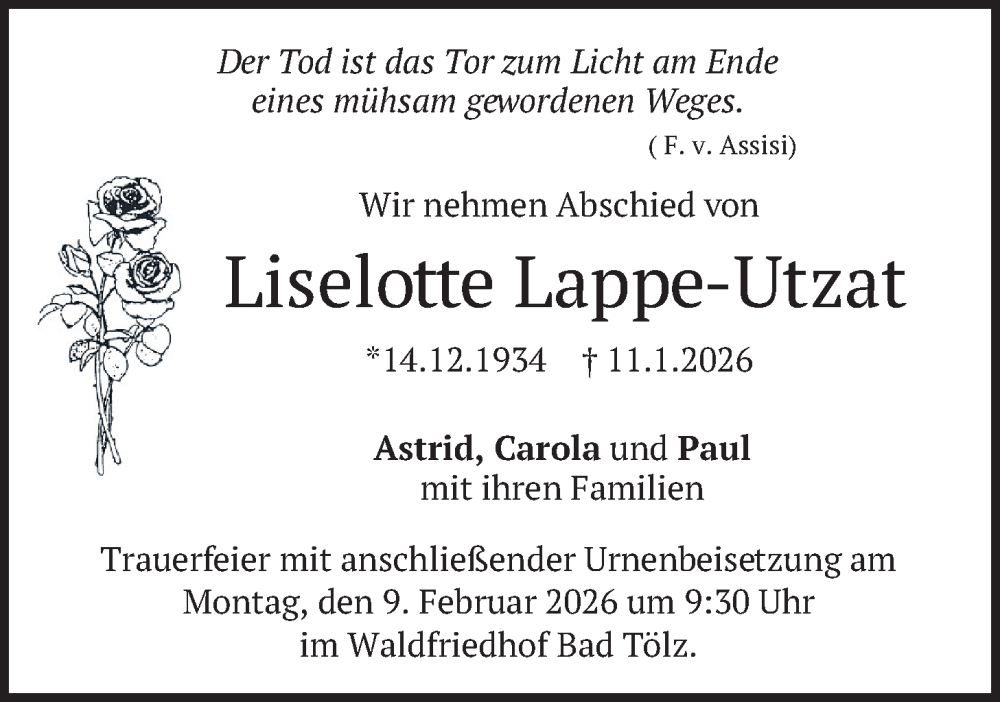  Traueranzeige für Liselotte Lappe-Utzat vom 24.01.2026 aus merkurtz