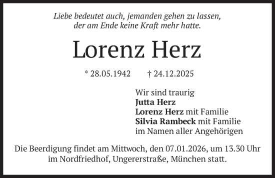 Traueranzeige von Lorenz Herz von merkurtz