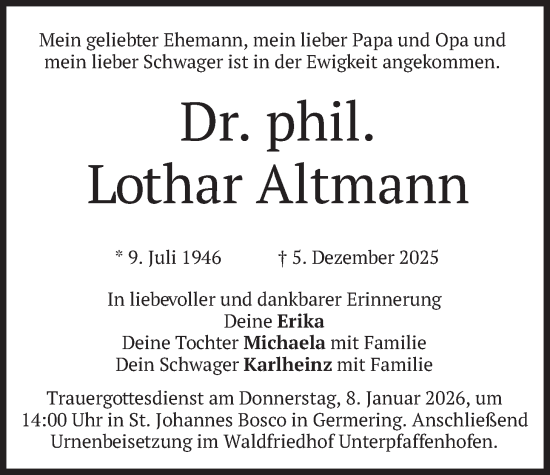 Traueranzeige von Lothar Altmann von merkurtz