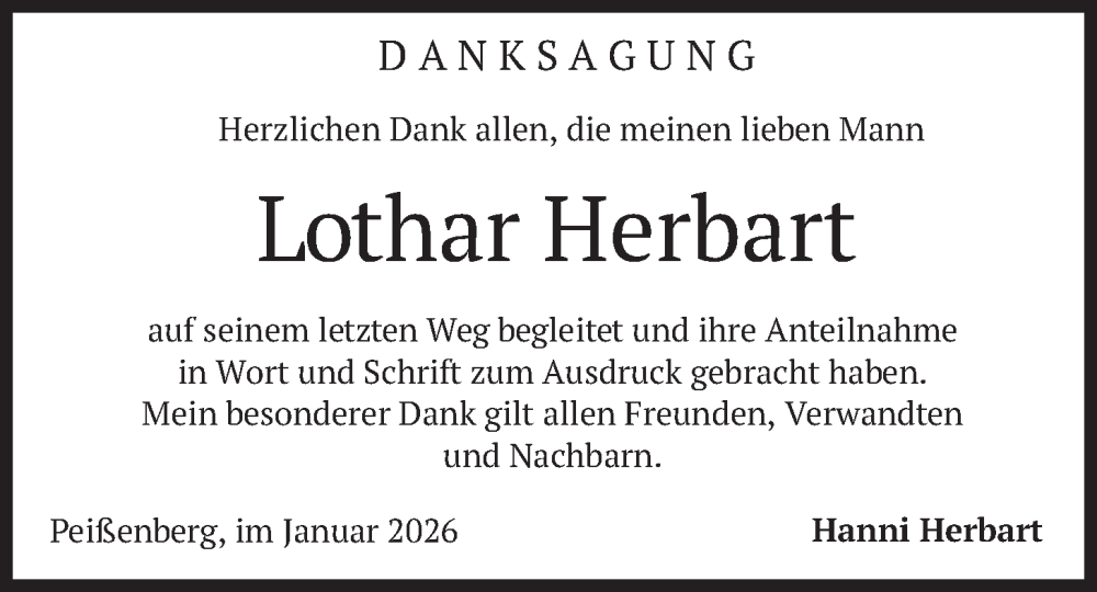  Traueranzeige für Lothar Herbart vom 31.01.2026 aus merkurtz