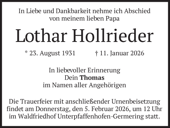 Traueranzeige von Lothar Hollrieder von merkurtz