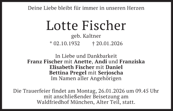 Traueranzeige von Lotte Fischer von merkurtz