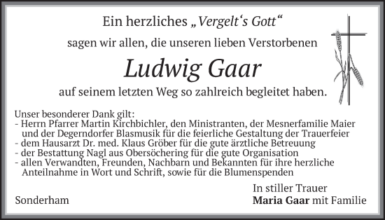 Traueranzeige von Ludwig Gaar von merkurtz