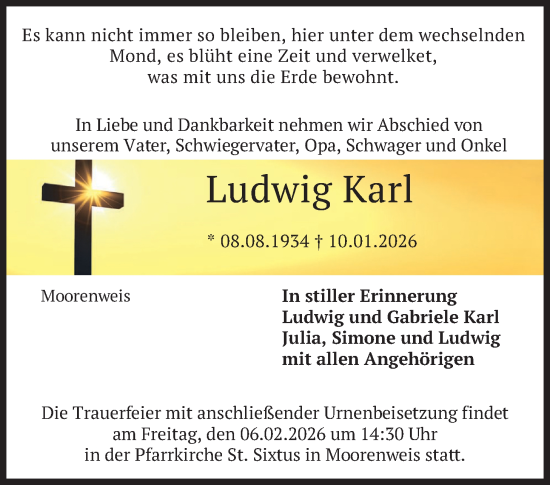 Traueranzeige von Ludwig Karl von merkurtz