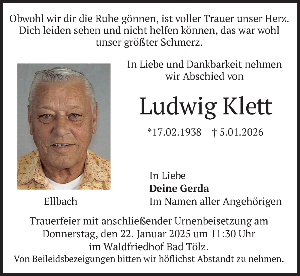  Traueranzeige für Ludwig Klett vom 17.01.2026 aus merkurtz