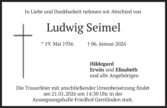 Traueranzeige von Ludwig Seimel von merkurtz