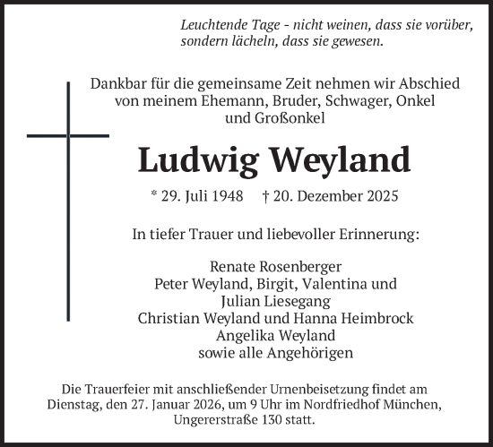 Traueranzeige von Ludwig Weyland von merkurtz